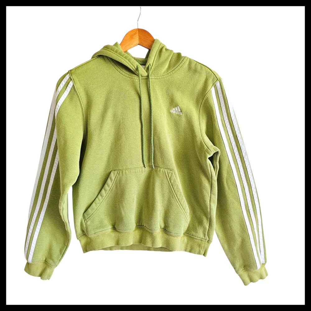 Adidas Hoodie Kids Medium M Green 3 Stripe Pullover Sweatshirt Casual Activewear
